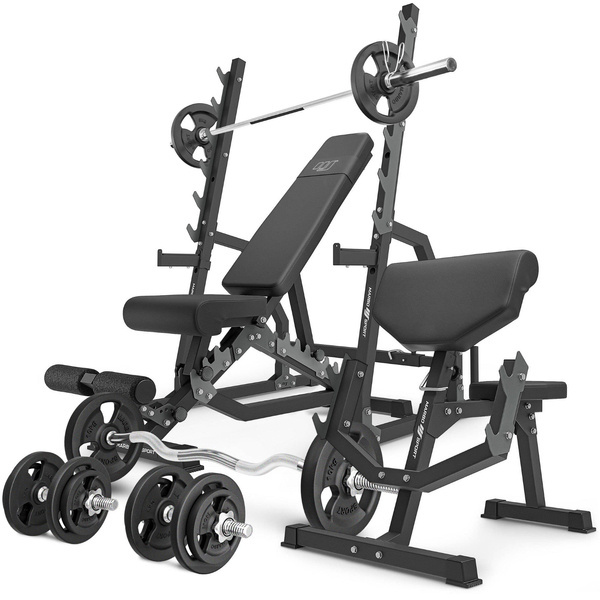 Sada MS6_2.0_83KG | Oboustranná lavice + stojany na činku + Scottova lavice (modlitebník) s nastavitelnou opěrou + sada os a závaží 83 kg - Marbo Sport