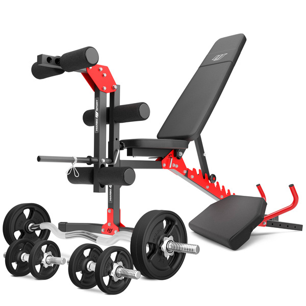 Sada MH1_68KG_KIER_G | Nastavitelná lavice + leg press + modlitebník (vsuvka) + sada hřídelí a pogumovaného závaží 42 kg - Marbo Sport