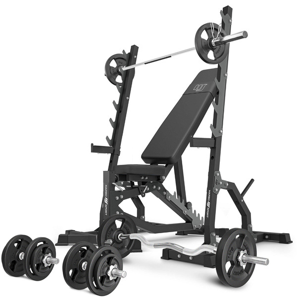 Sada MS8_2.0_83KG | Oboustranně nastavitelná lavice + víceúrovňové stojany (2 ks) + sada os a závaží 83 kg – Marbo Sport
