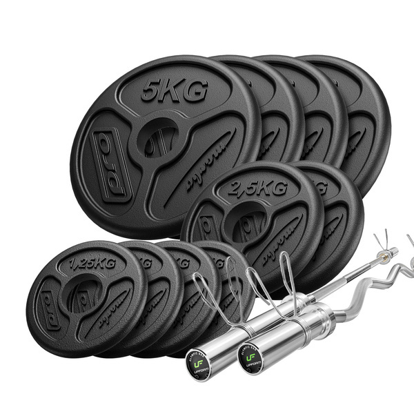 Sada 55kg | Olympijská činka 180 cm + mírně prohnutá SZ curl bar 120 cm + zátěžové desky 4x5kg, 2x2,5kg, 4x1,25kg - Marbo Sport