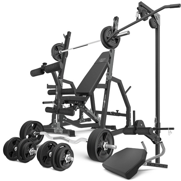 Sada MS36_2.0_113KG_G | Oboustranně nastavitelná lavice + stojany s bezpečností + modlitebník + lis + kladka + set os a gumových závaží 113 kg – Marbo Sport