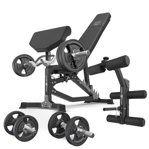 Sada MS39_2.0_42KG_G | Oboustranně nastavitelná lavice + modlitebník + lis + set os a gumových závaží 42 kg – Marbo Sport
