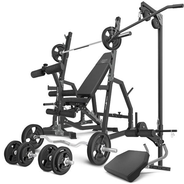 Sada MS36_2.0_83KG_G | Oboustranně nastavitelná lavice + stojany s bezpečností + modlitebník + lis + kladka + set os a gumových závaží 83 kg – Marbo Sport