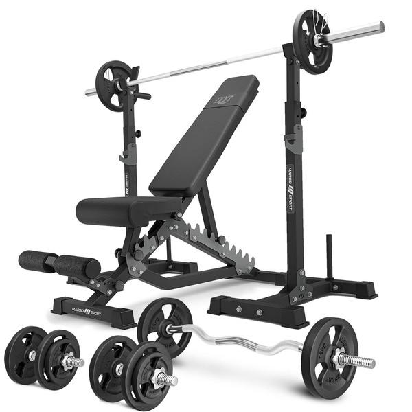 Sada MS34_2.0_83KG | Oboustranná lavice + víceúrovňové stojany (2 kusy) pod činku s jištěním + sada os a závaží 83 kg - Marbo Sport