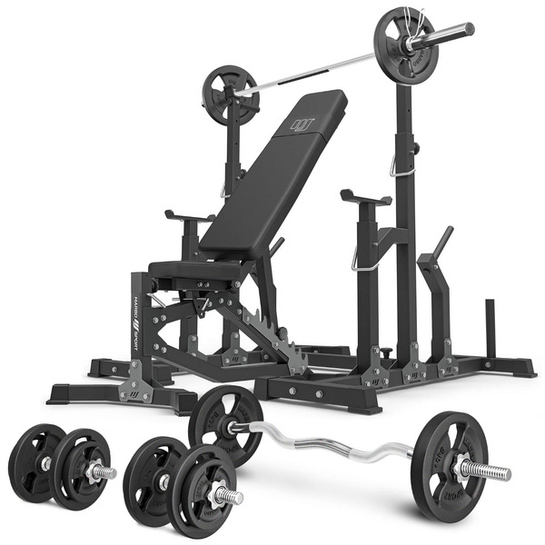 Sada MS11_2.0_83KG | Oboustranně nastavitelná lavice + nastavitelné stojany + sada os a závaží 83 kg – Marbo Sport