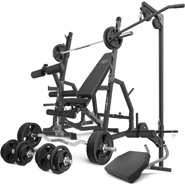 Sada MS36_2.0_113KG | Oboustranně nastavitelná lavice + stojany s bezpečností + modlitebník + lis + kladka + set os a závaží 113 kg – Marbo Sport