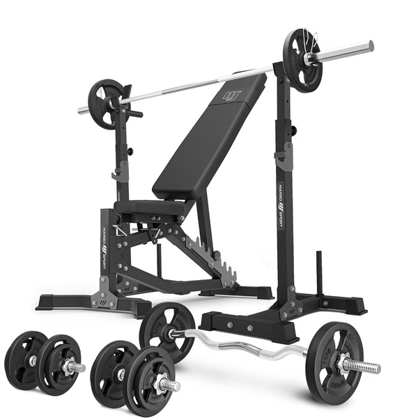 Sada MS30_2.0_83KG | Oboustranně nastavitelná lavice + víceúrovňové stojany (2 ks) s bezpečností + sada os a závaží 83 kg – Marbo Sport